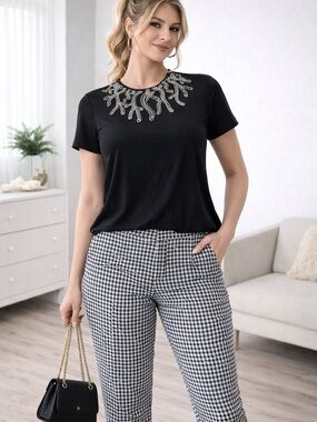 Pierre Cardin Black Tee with Silver Beaded Embellishment